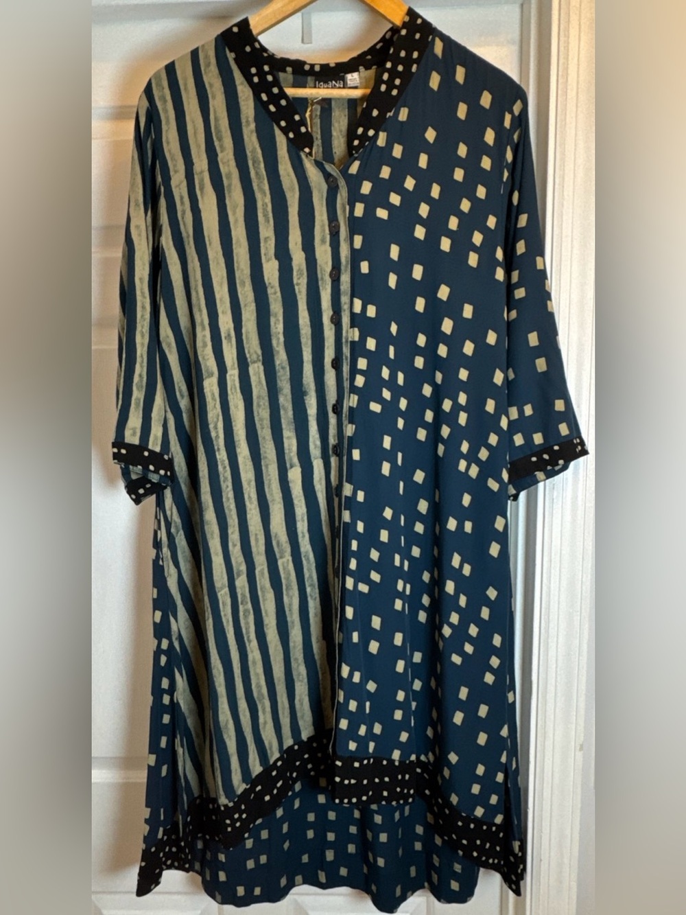 Iguana “Wearable Art” Flowy Stripes/Squares Teal And Tan Tunic Dress Size Large